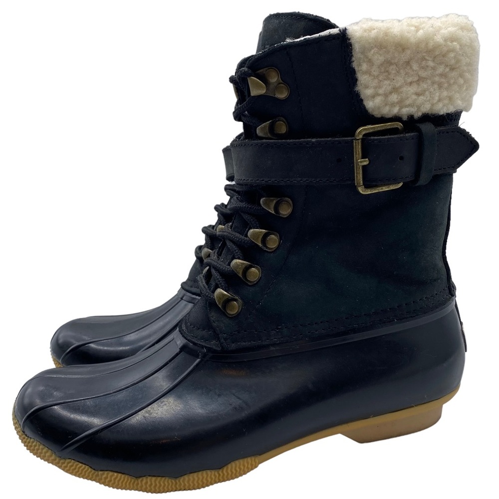 Sperry X J. Crew Shearwater Black Leather Shearling Lined Duck Boots Size 7
